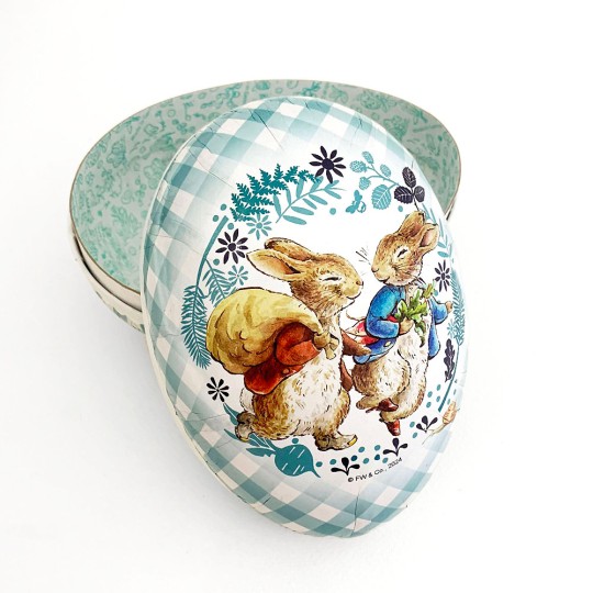 6" Peter Rabbit and Friend Blue Gingham Papier Mache Easter Egg Container ~ Germany